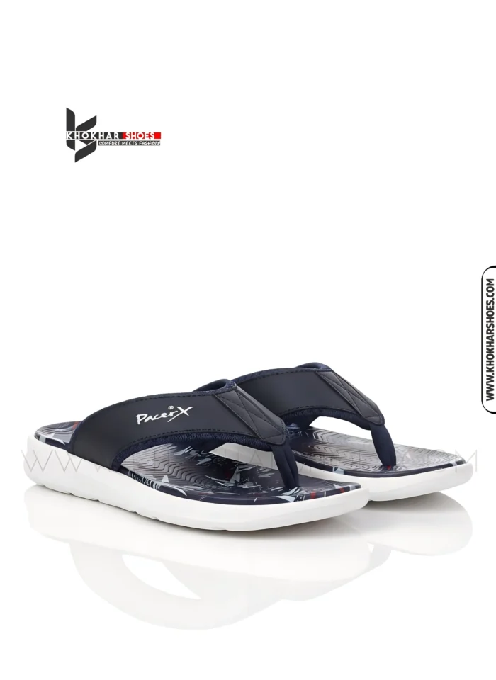 A-man-lightweight, navy-blue-medicated-flip-flops-with-thick-white-sole-and-soft, comfortable thong strap.