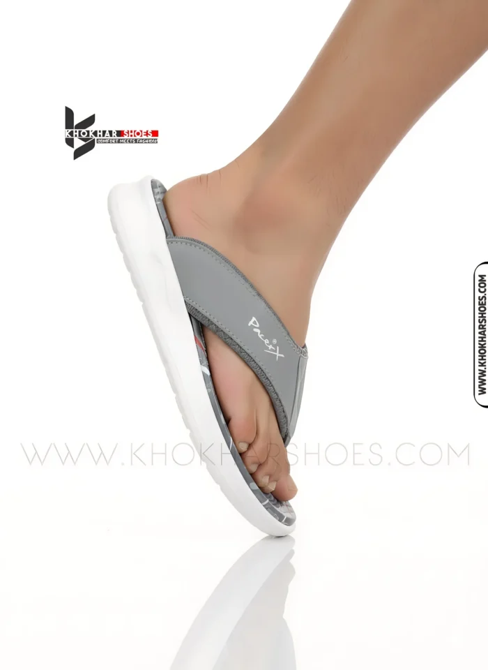 A-man-lightweight-Grey-medicated-flip-flops-with-thick-white-sole-and-soft, comfortable thong strap.