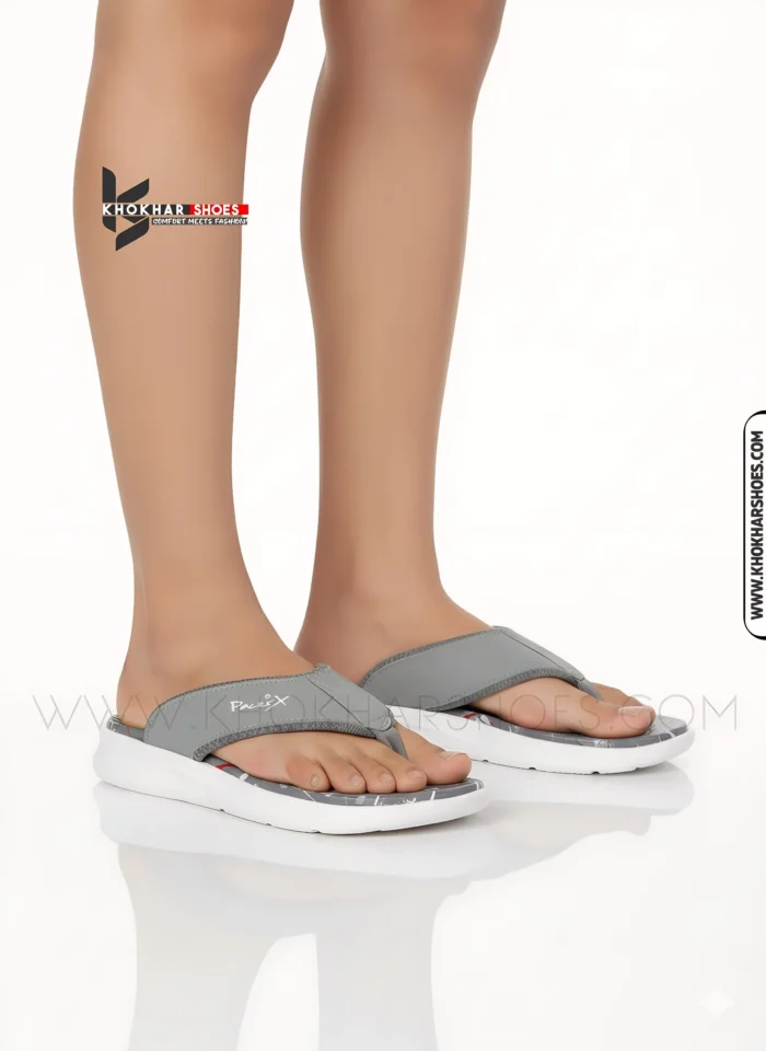 A-man-lightweight-Grey-medicated-flip-flops-with-thick-white-sole-and-soft, comfortable thong strap.