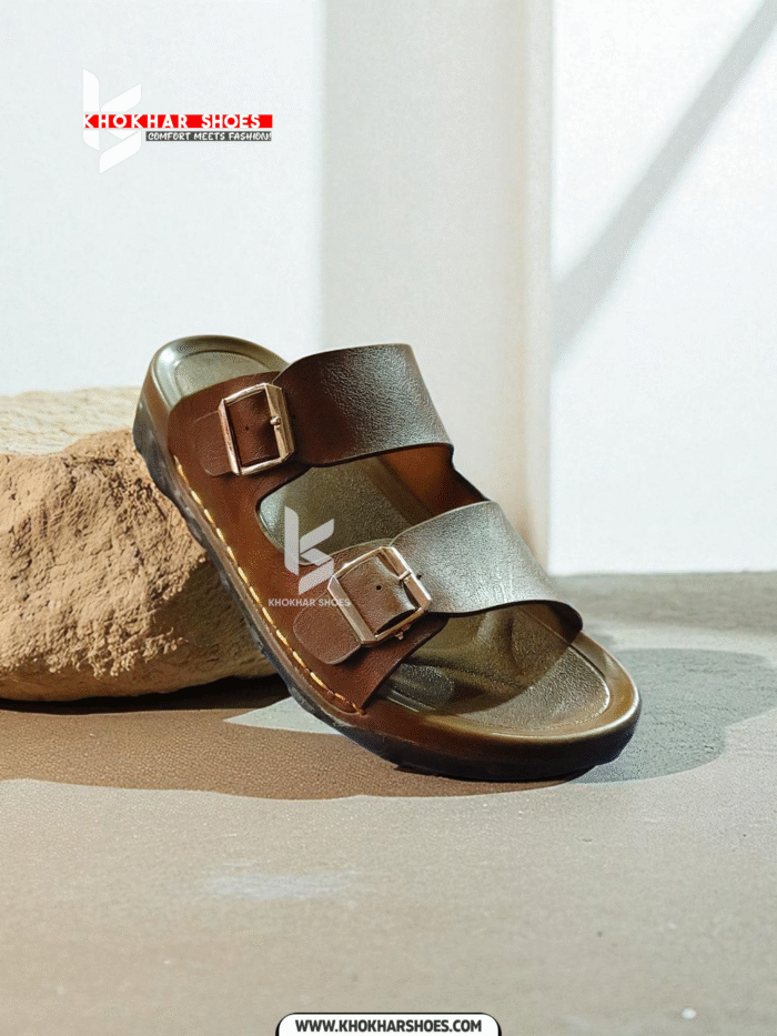 A pair of men's stylish two-strap sandals, with one in a dark brown color and the other in a deep blue-grey.