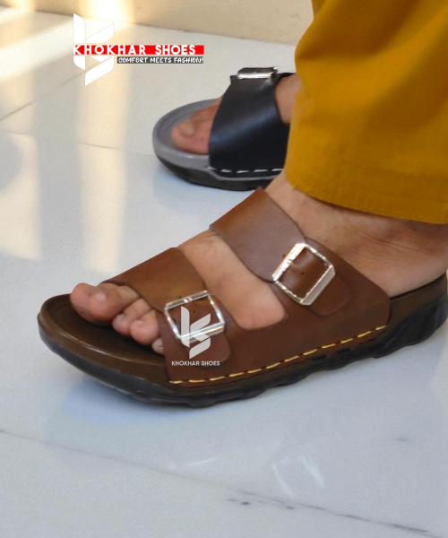 A pair of men's stylish two-strap sandals, with one in a dark brown color and the other in a deep blue-grey.